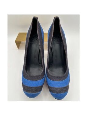 TORY BURCH Joelle Blue Stripe Canvas Platform Pumps Wooden Heel